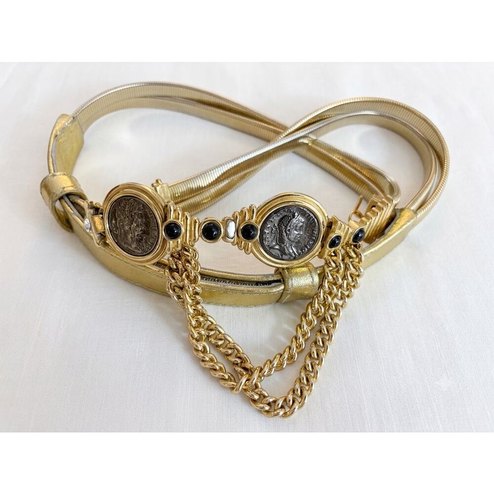 VINTAGE ORENA PARIS Greco Roman Coin Medallion Snake Chain Metallic Gold Belt L